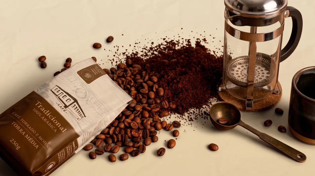 Xícara de Café Vilela Tradicional servida ao lado da embalagem da linha