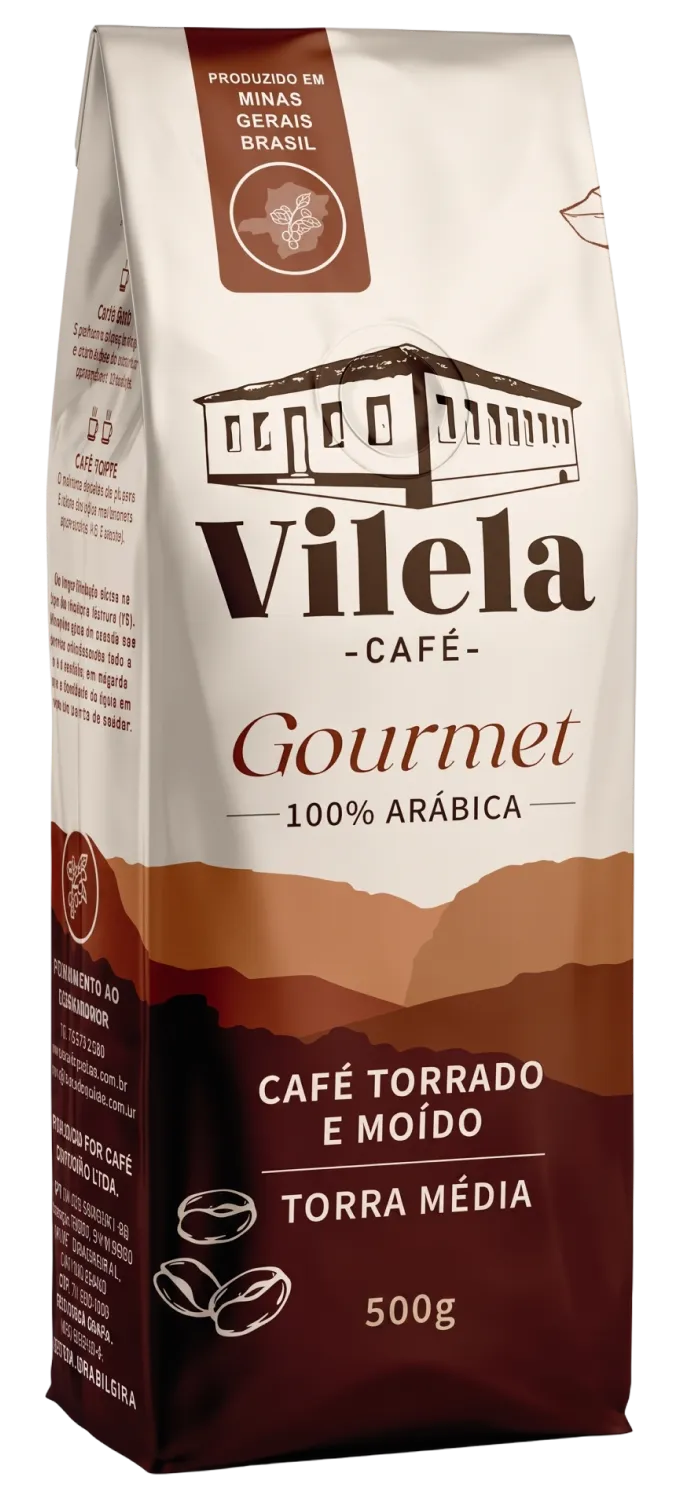 Embalagem pouch 500 g do Café Vilela Gourmet 100% Arábica