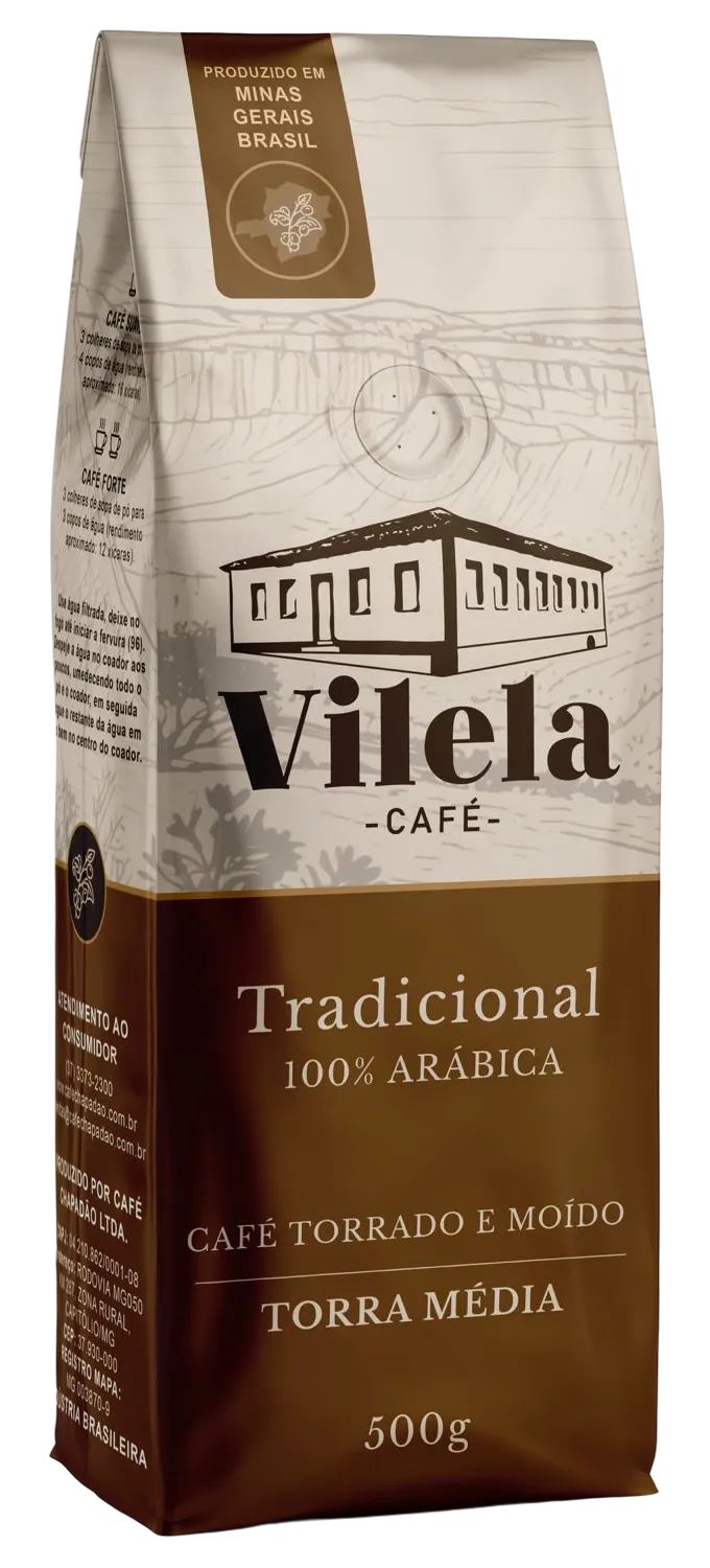 Embalagem pouch 500 g do Café Vilela Tradicional 100% Arábica