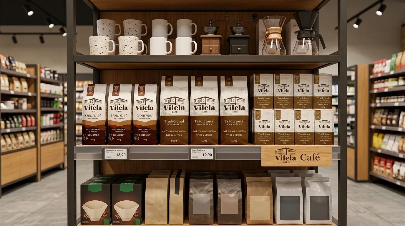 Prateleiras de supermercado com pacotes de café de diversas marcas