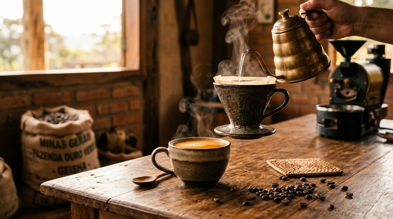 Preparo refinado de café especial em ambiente acolhedor com grãos selecionados e vapor aromático