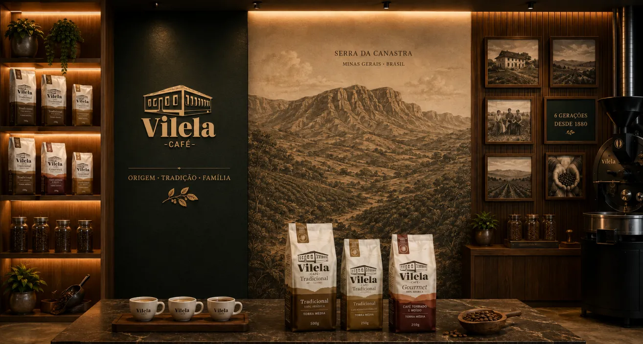Espaço interno do Showroom Café Vilela com balcão de degustação e prateleiras de madeira